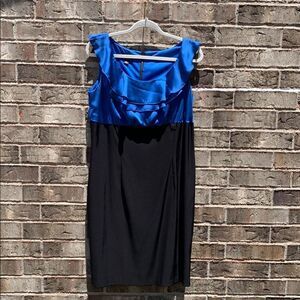 Take 50% OFF- Alyx Blue and Black Sheath Midi Dress with Cowl Neck, Size-14